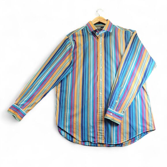VTG 90s Polo Ralph Lauren Striped Colorblock Long Sleeve Button Shirt Mens Large - Picture 1 of 7